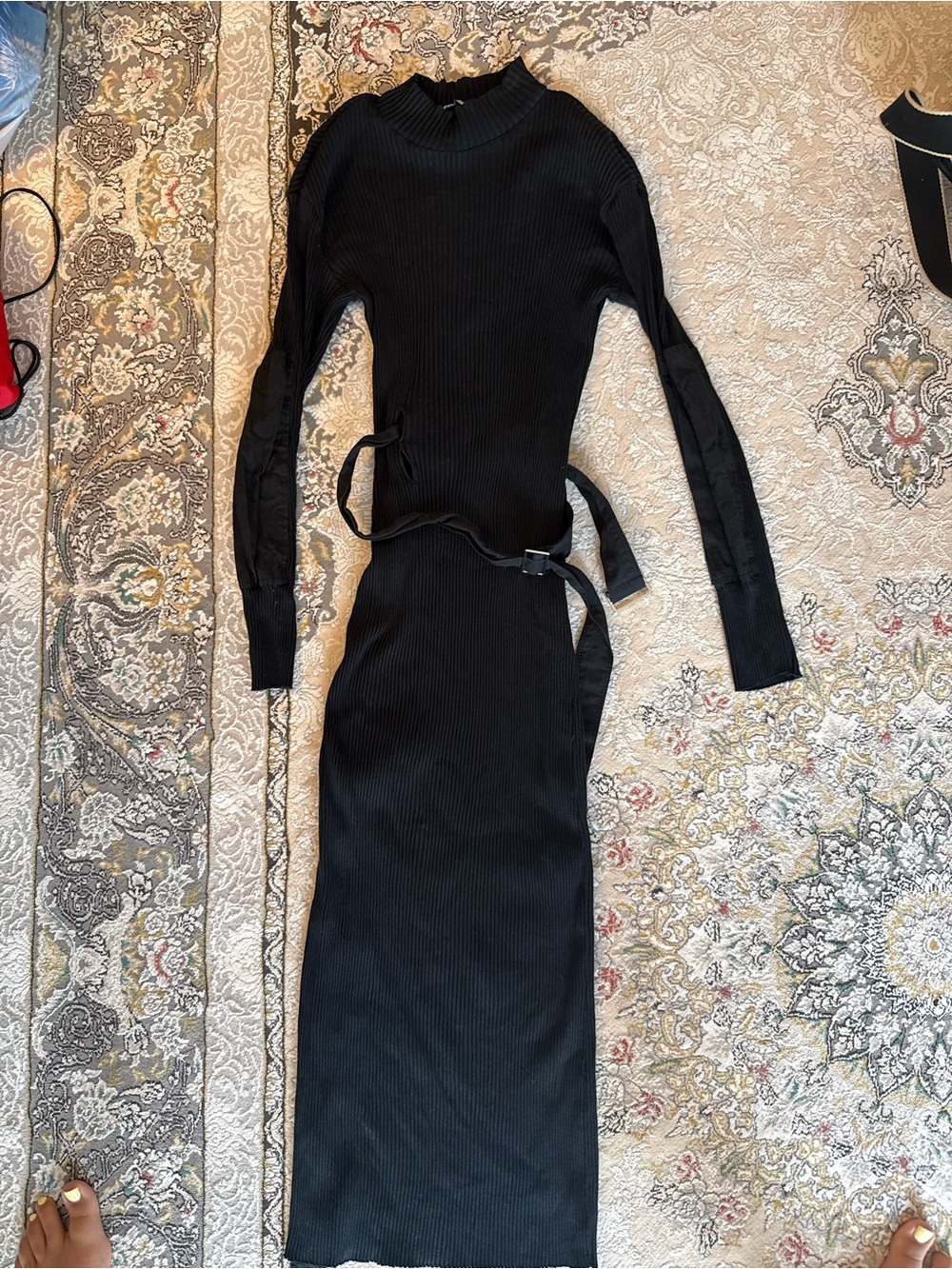 Zara Black Ribbed Long-Sleeve Maxi Dress with Side Tie